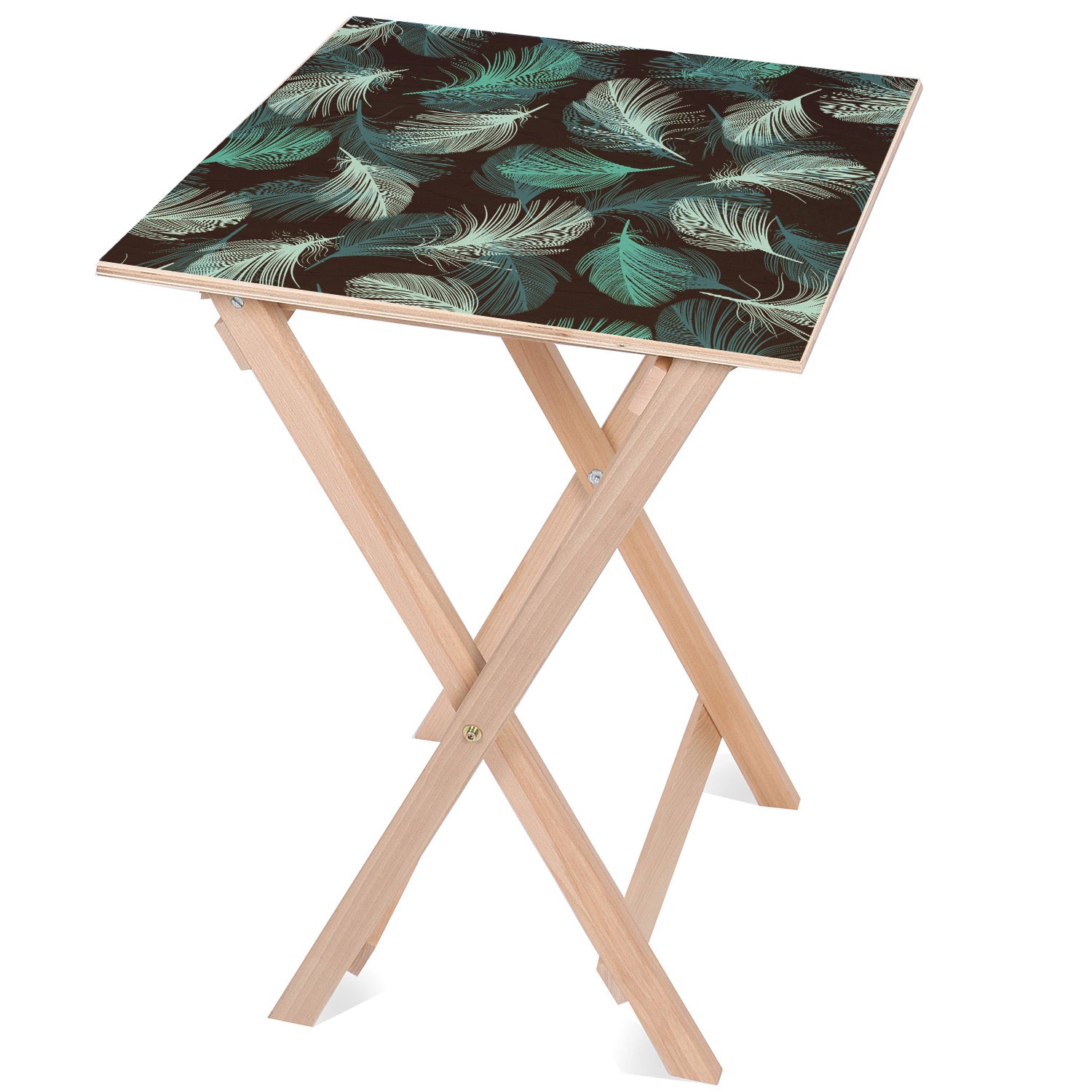 Wooden Table Turquoise Feathers-50x50 CM