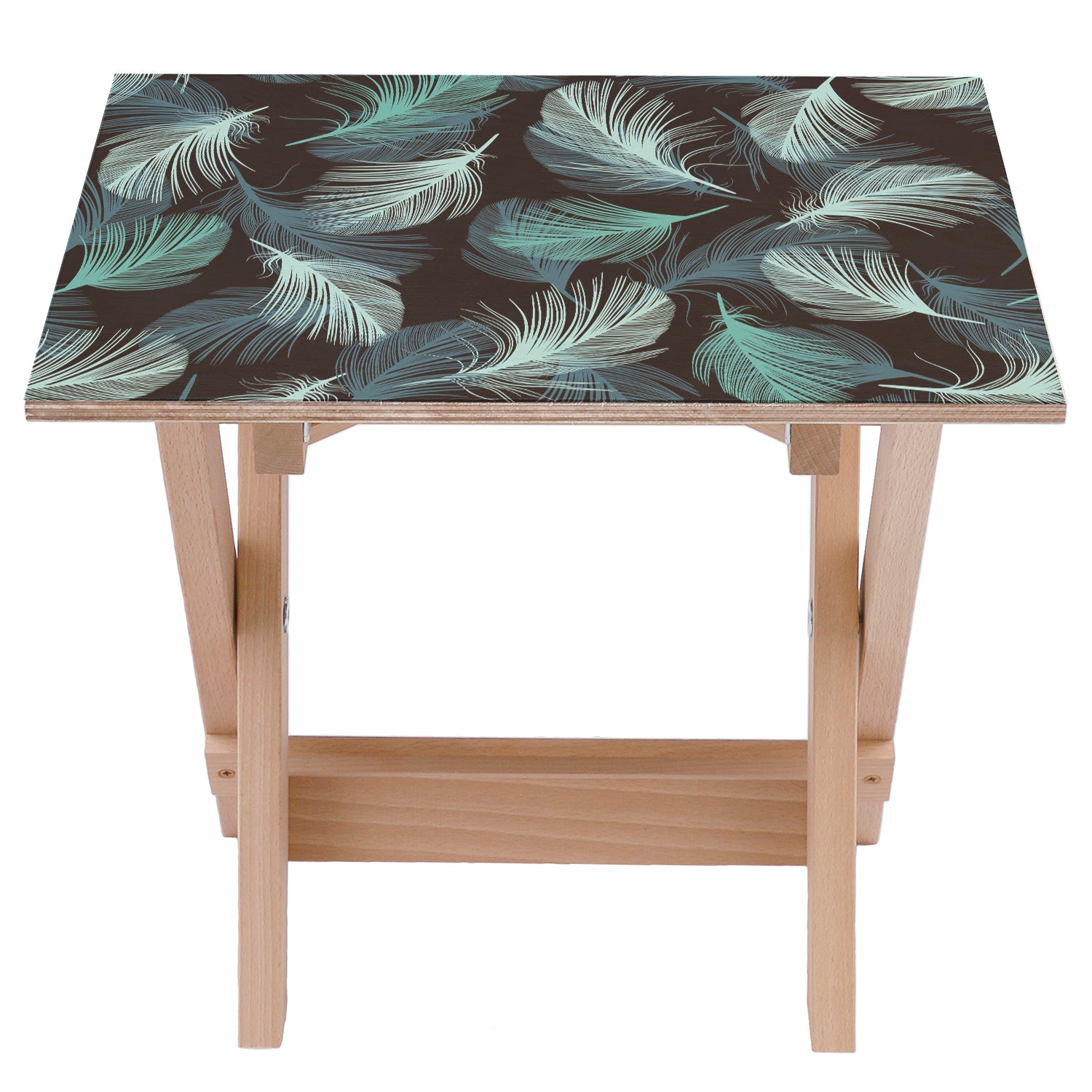 Wooden Table Turquoise Feathers-50x50 CM