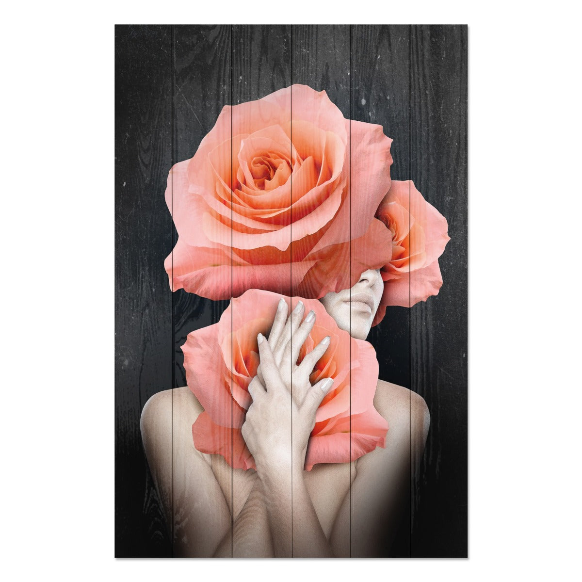 Obraz Wood Woman Hugging Flowers-40x60 cm