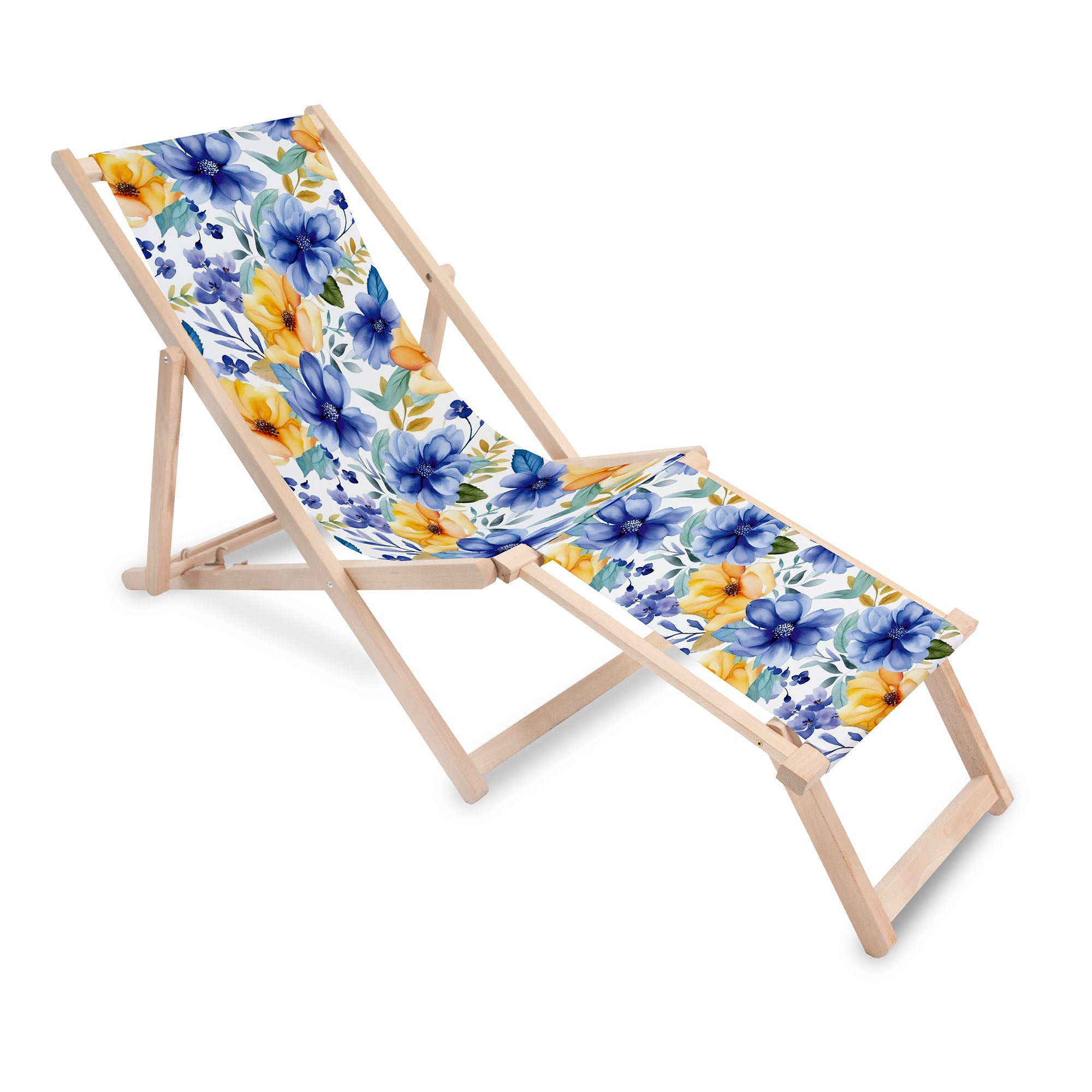 Holzliegestuhl mit Fußstütze Gelbe und blaue Blumen
