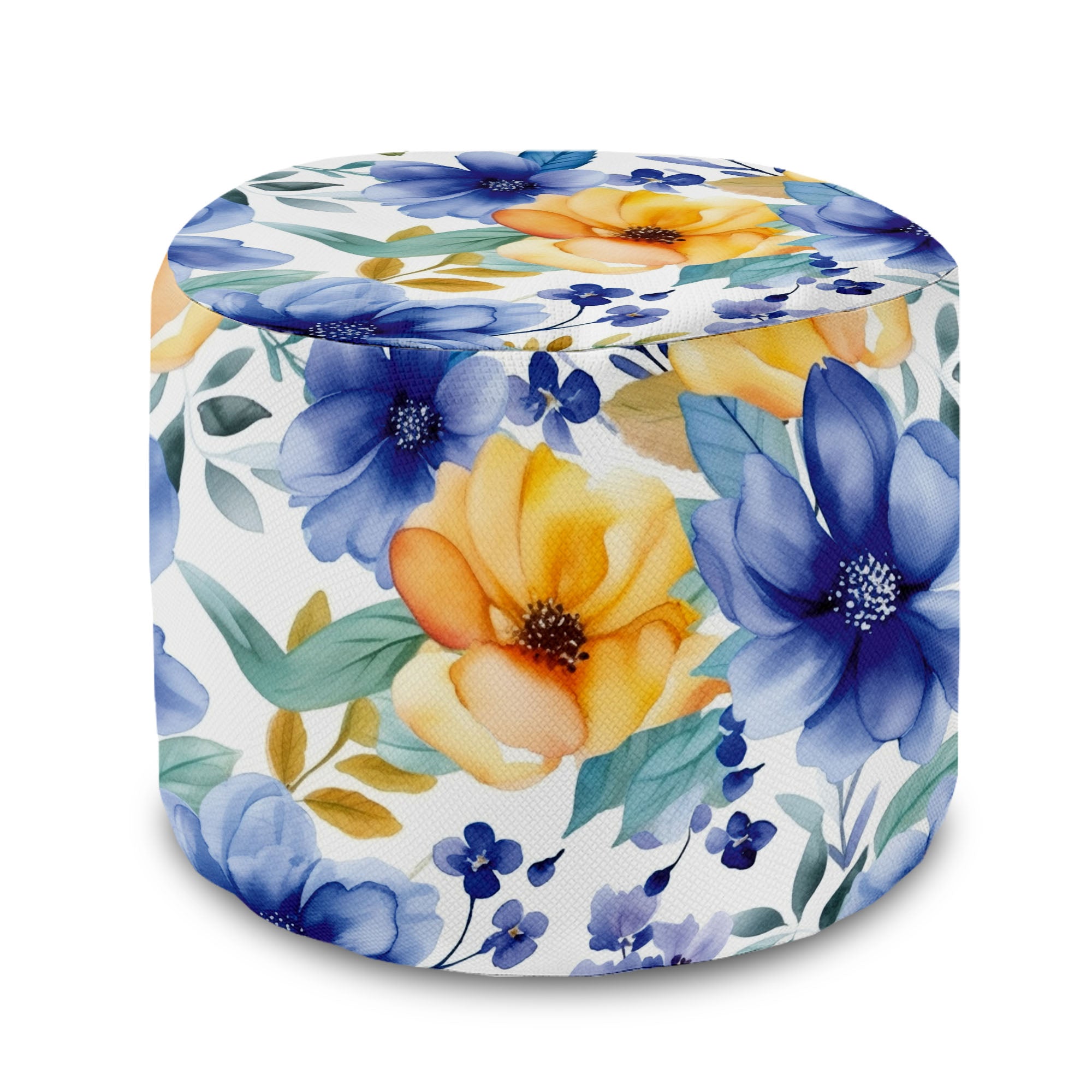 Runder Hocker Fußhocker Gelbe und blaue Blumen-Velvet