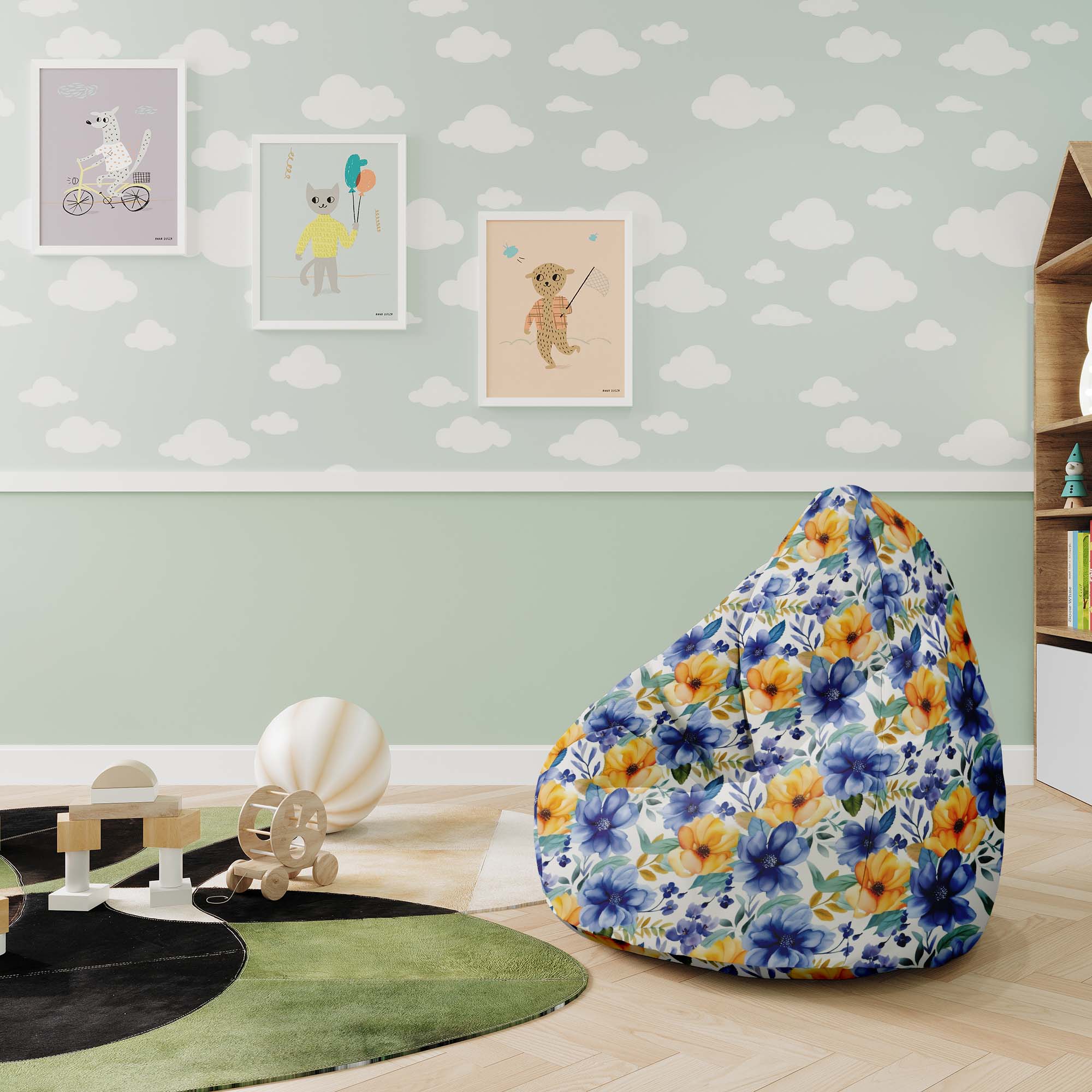 Puf Pearshape Yellow and Blue Flowers-M-Velvet