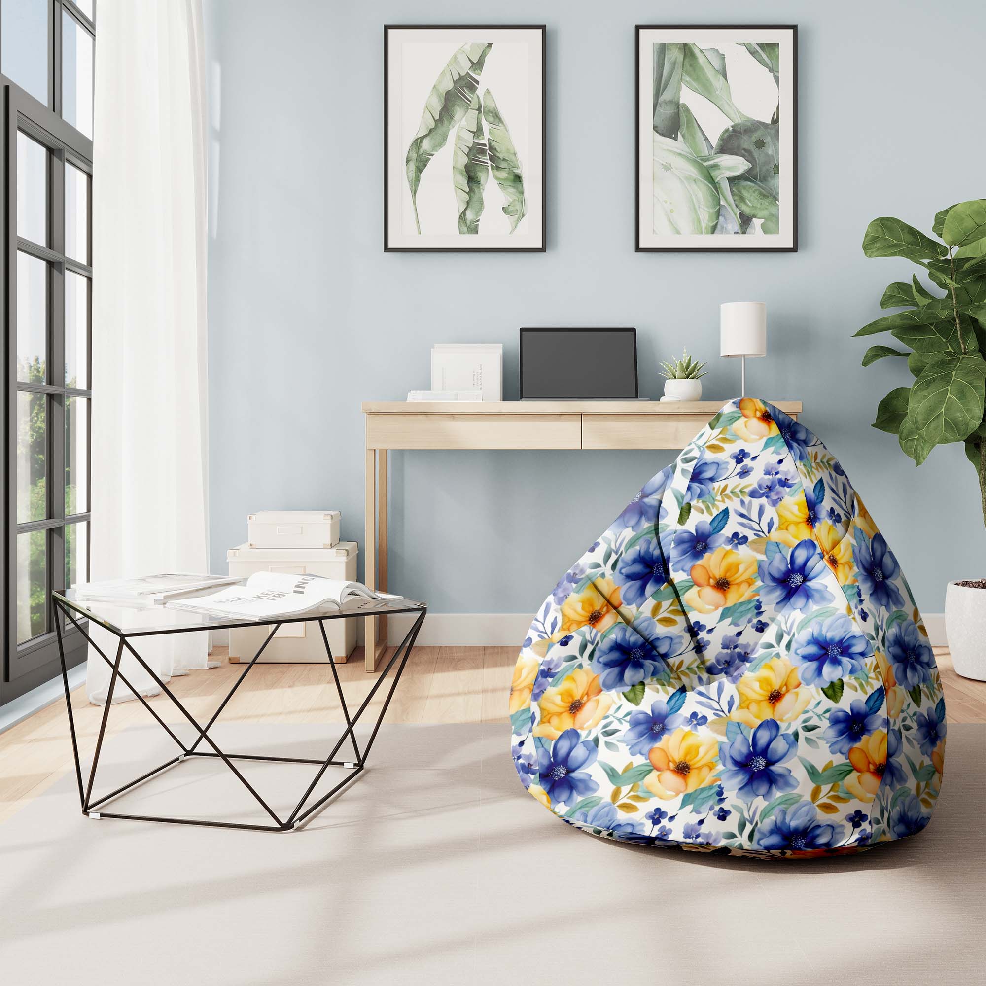 Puf Pearshape Yellow and Blue Flowers-S-Oxford