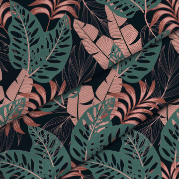 Tkanina Tropical Dark Pink and Green Leaves