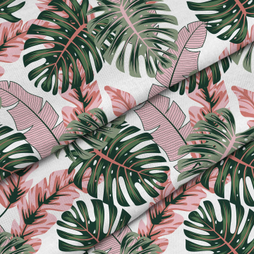 Tkanina Tropical Pink and Green Leaves